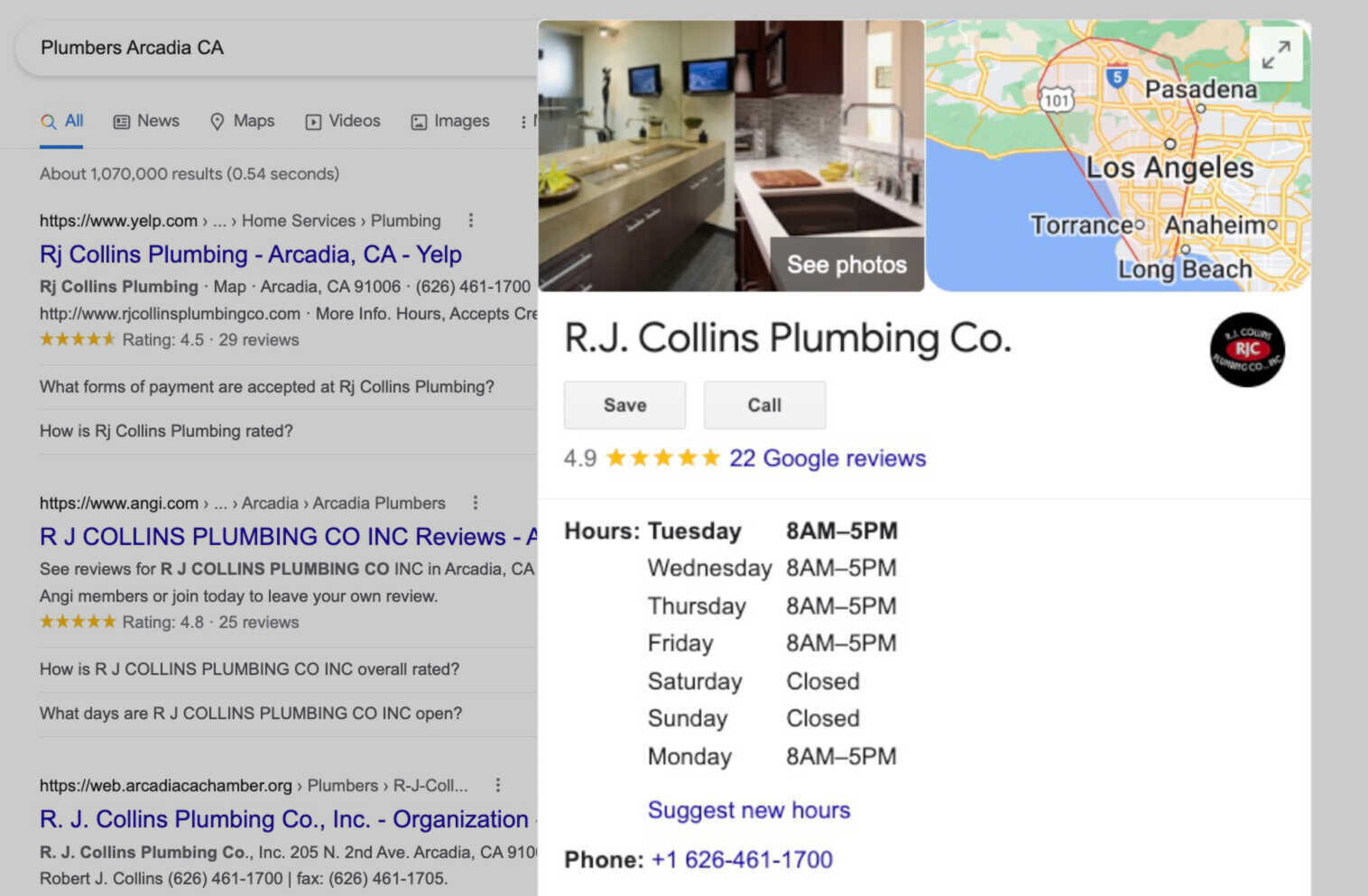 RJ Collins Plumbing Co. business hours