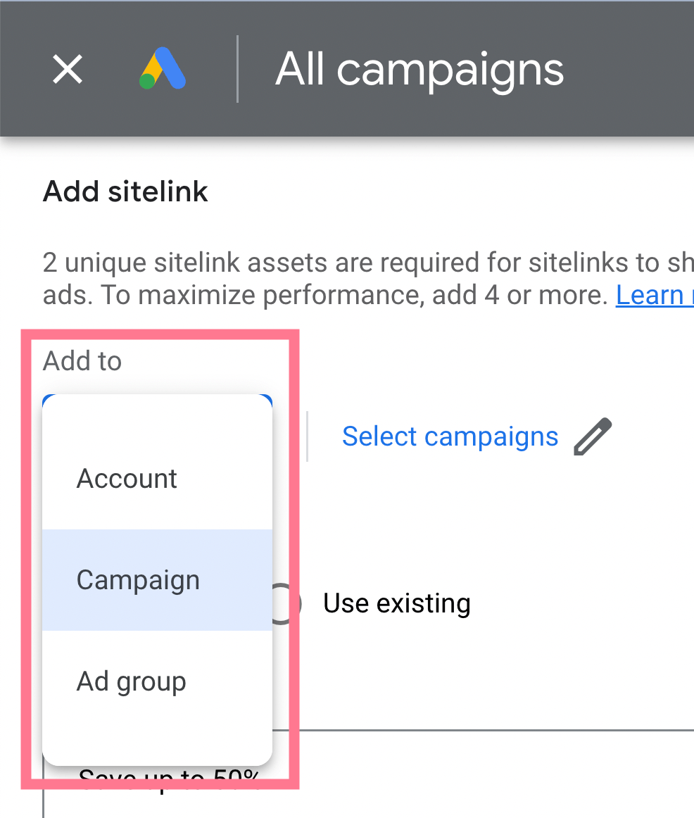 select where to display your sitelinks