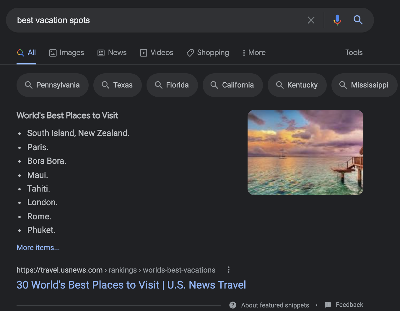 Google SERP results for the keyword best vacation spots