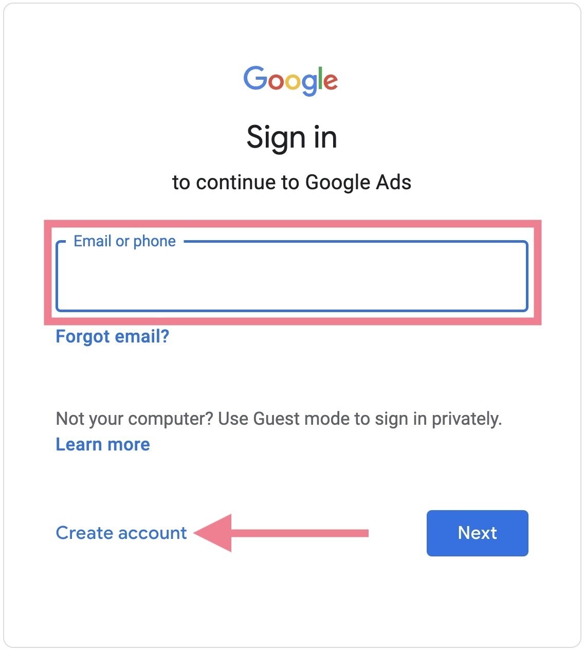google ads signup page