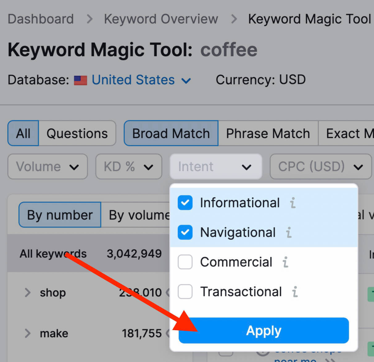 filtering by keyword intent