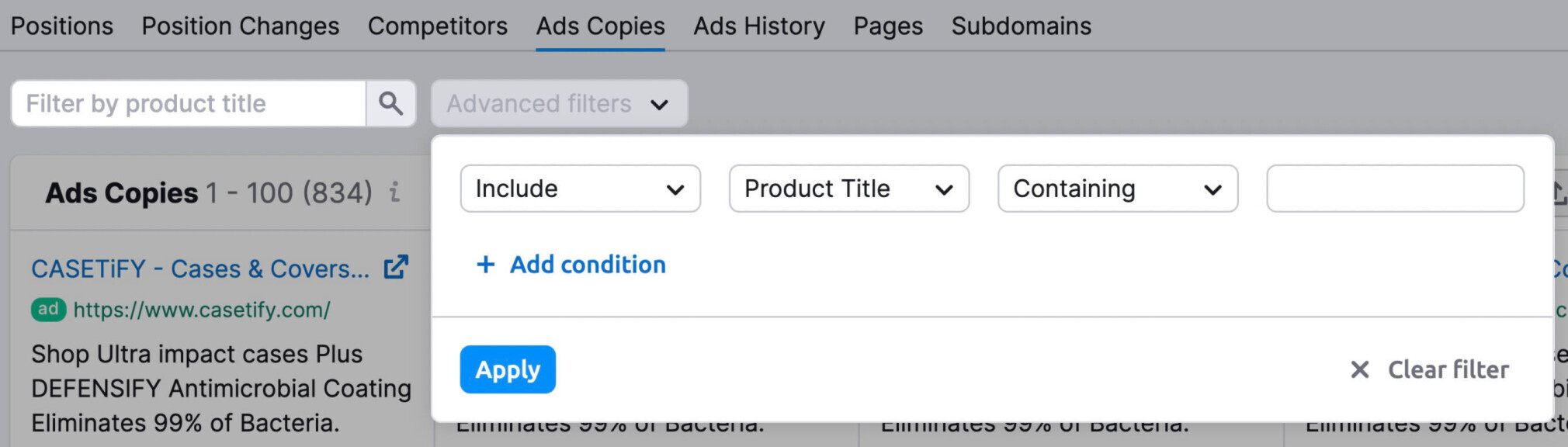 filtering by product in Ad Copies report