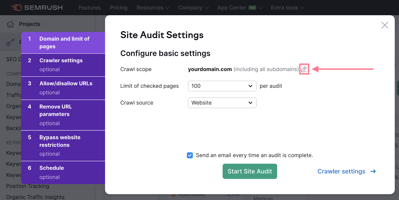 site audit settings