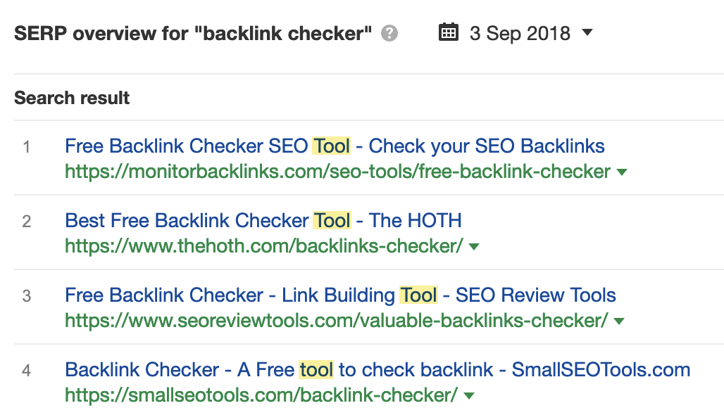 The top-ranking results for "backlink checker" in 2018 were all free tools
