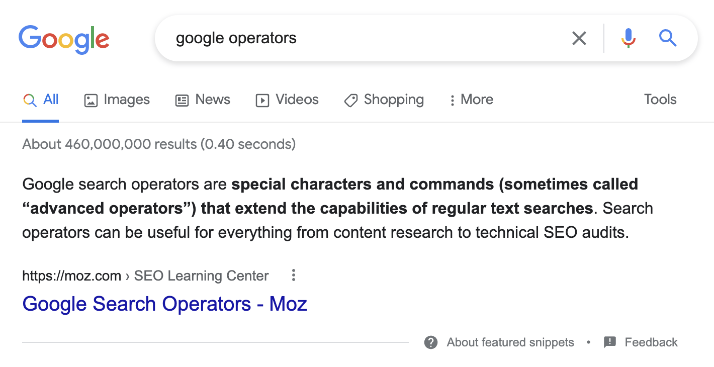 Google SERP for search term "google operators"; notably, featured snippet shows a succinct definition