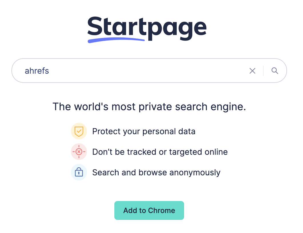 Startpage's homepage. Search term "ahrefs" in text field