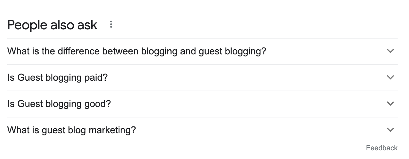 People Also Ask box for the query, "guest blogging"