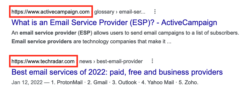 Large competitors in ESP search results