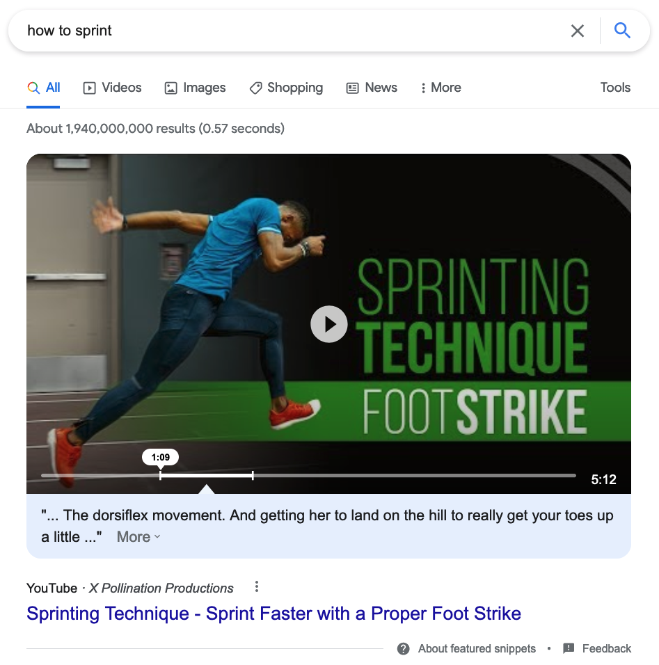 Video Featured Snippet how to sprint