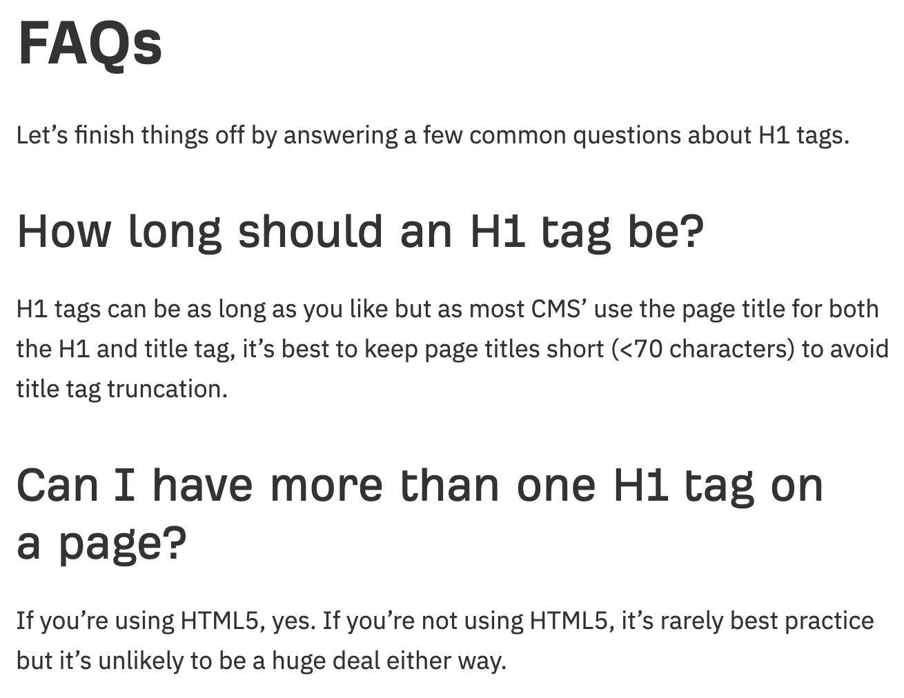 FAQ section in Ahrefs' H1 tag blog post
