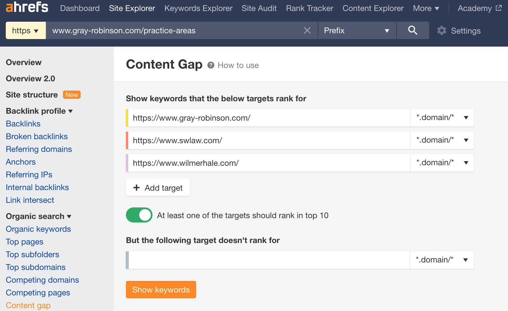 Setting up a Content Gap report in Site Explorer to show only competitors' keywords