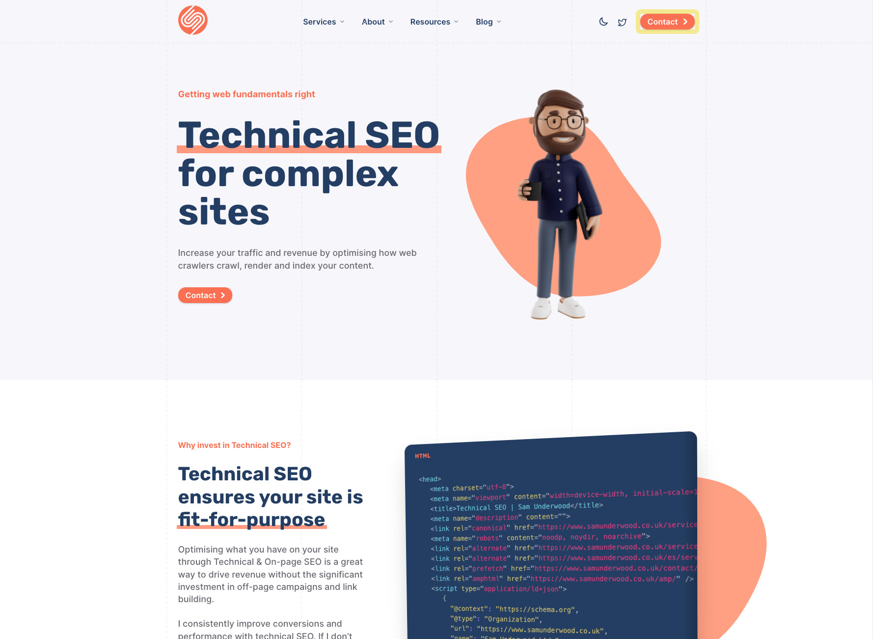 Landing page of Sam Underwood's SEO services