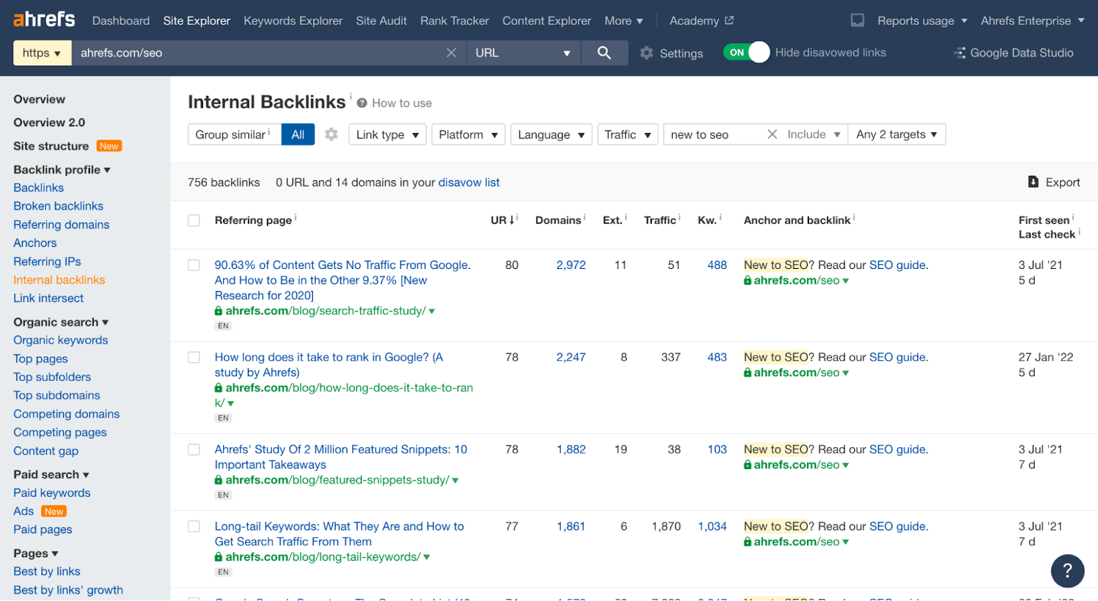 Internal Backlinks report for Ahrefs' guide to SEO in Ahrefs' Site Explorer