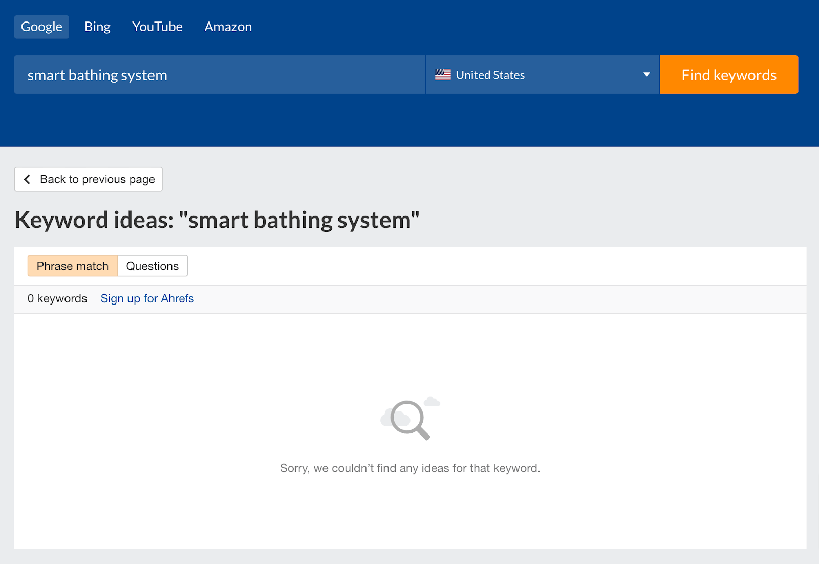 Search for "smart bathing system" in Ahrefs' free keyword generator turns up no results