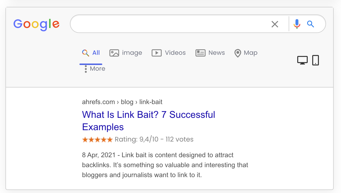 Preview of how webpage looks like on the SERPs with ratings
