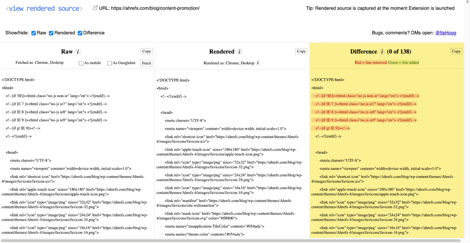 Page showing three columns: raw HTML, rendered HTML, and what the differences are