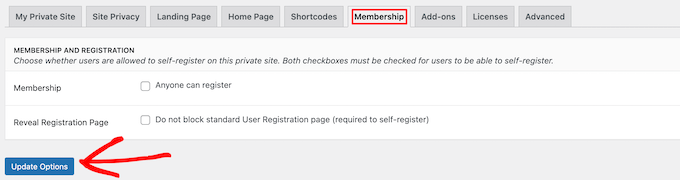 User registration options on private blog