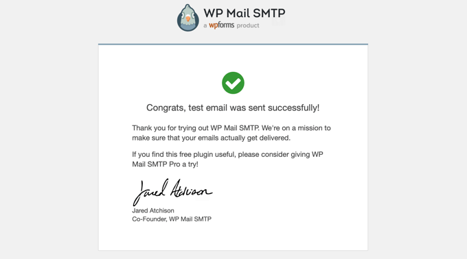 WP Mail SMTP Success! Email