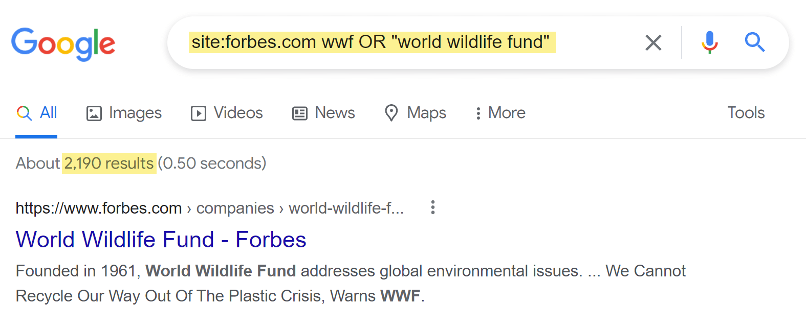Google SERP for WWF mentions on Forbes with search operators applied 