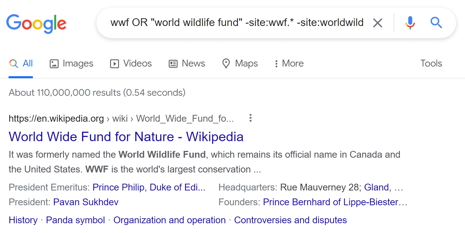 Google SERP for "wwf" or "world wildlife fund" with search operators applied 