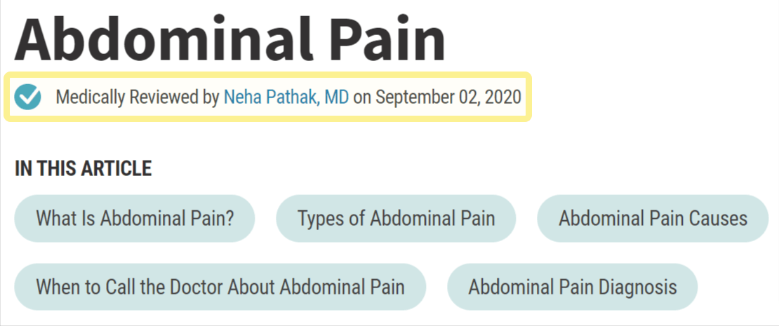 Excerpt of article on abdominal pain; text shows article was reviewed by a doctor 