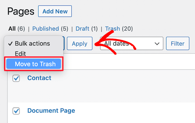 Move multiple pages to trash