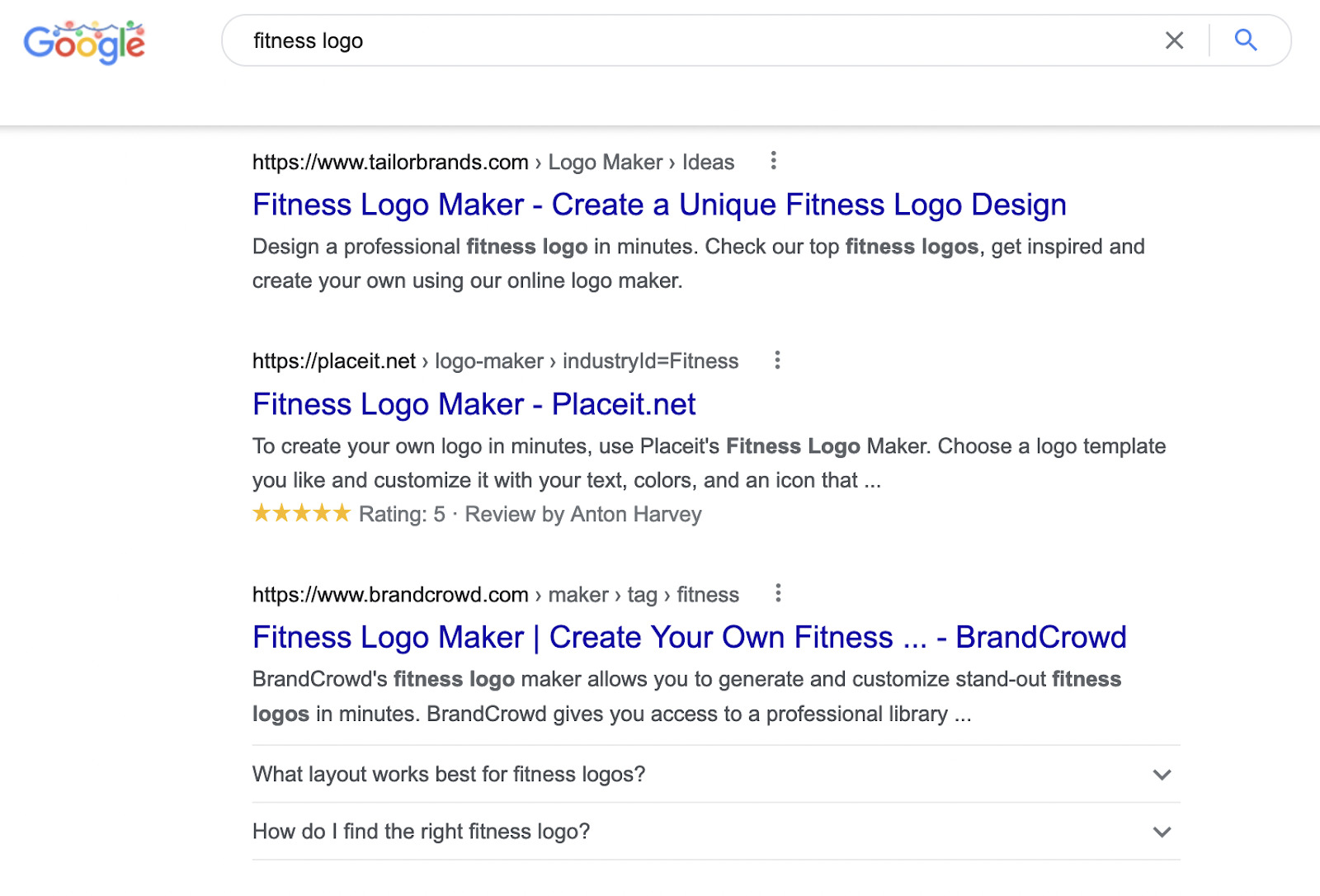 Google SERP for "fitness logo"