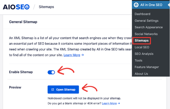 Sitemap settings in All in One SEO