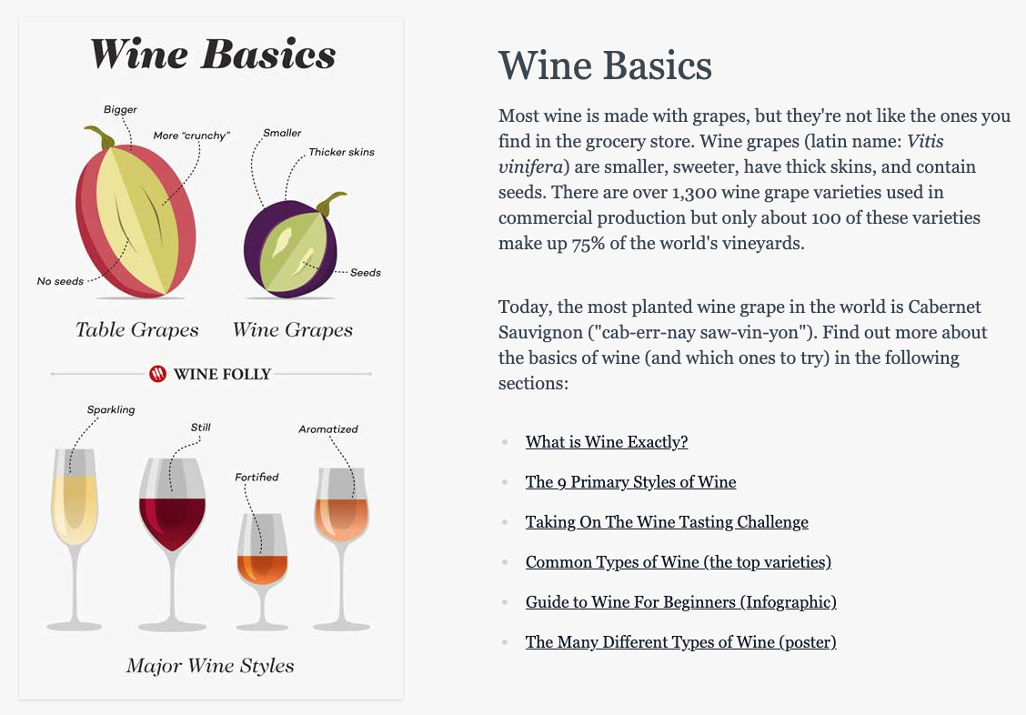 Excerpt of guide. Pictures of grapes and wine in glasses on left; text on right