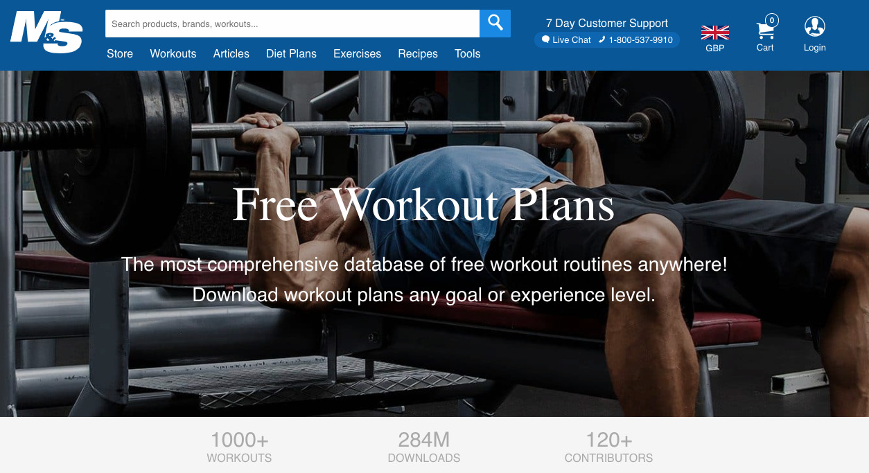 Excerpt of M&S' page about free workouts. Man is lifting weights in background image