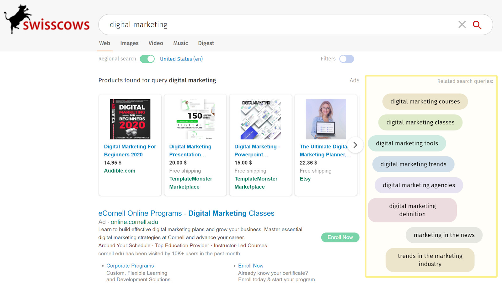 Search results for "digital marketing." Semantic map on the right