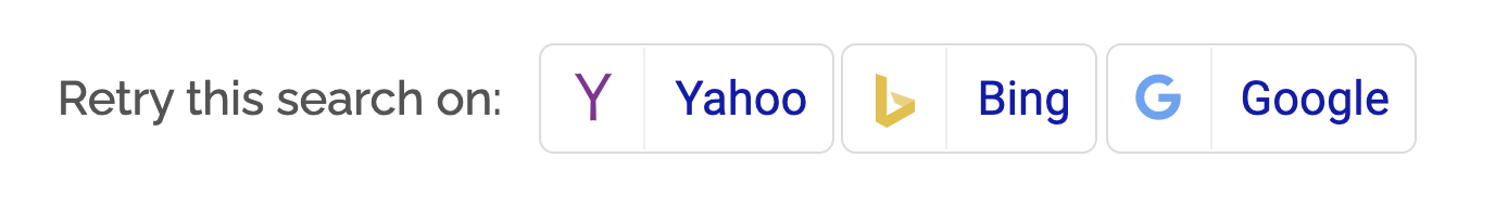 Options to retry search on Yahoo, Bing, and Google