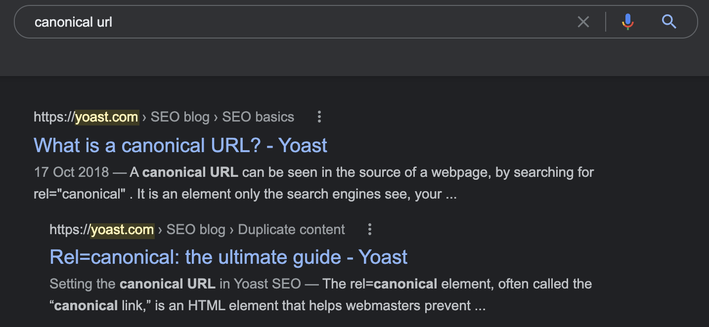 Google search result for "canonical url" showing Yoast's article first