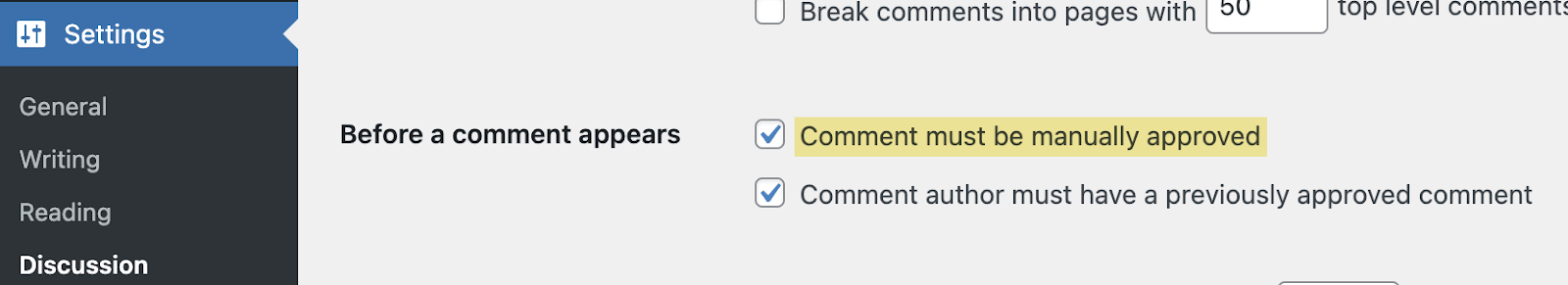 Blog comment approval in WordPress