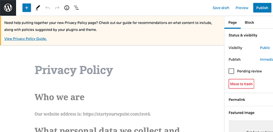 Editing privacy policy page