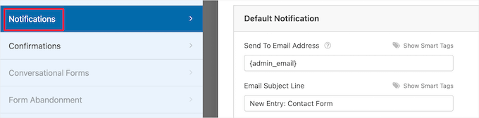 Go to form notifications tab