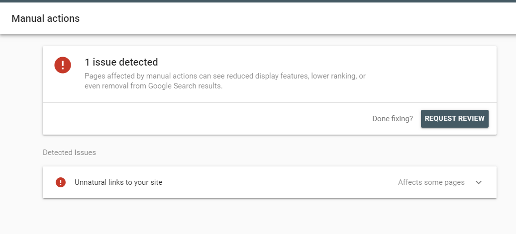Manual actions page showing the issue detected and some details about it