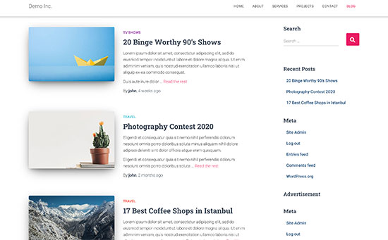 Featured images preview on a typical WordPress blog