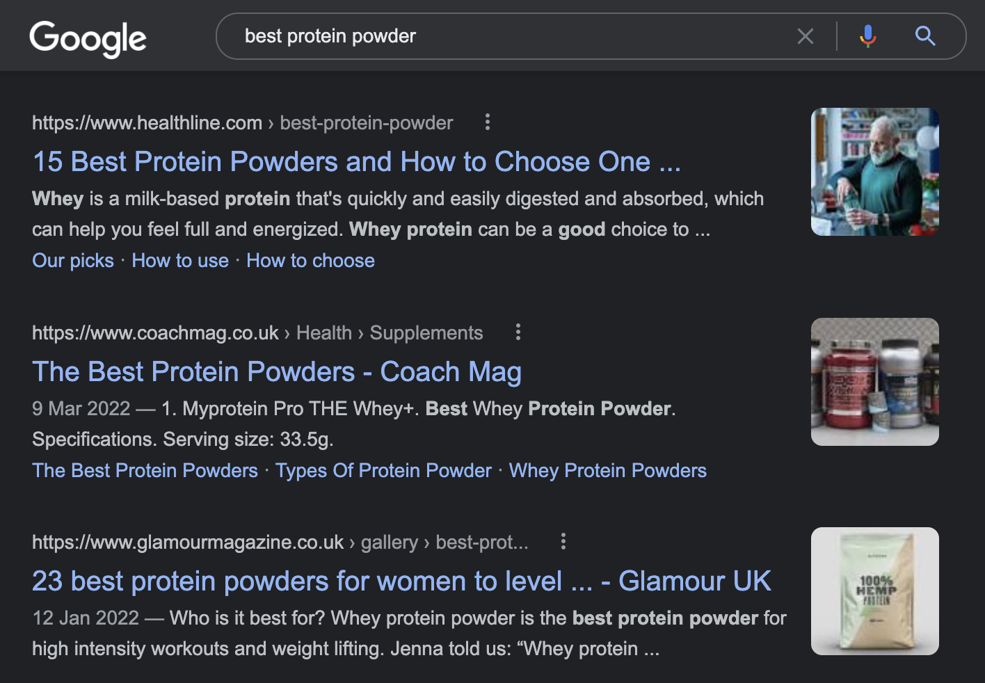 Google SERP of "best protein powder" 