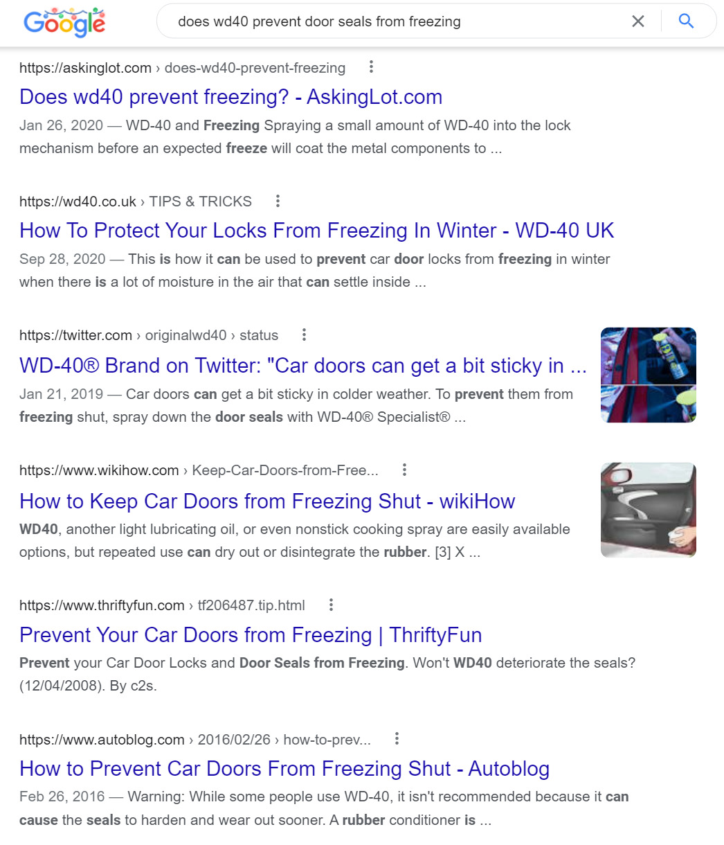Google SERP for "does wd40 prevent door seals from freezing"