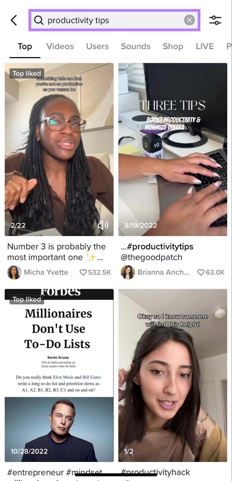 searching for "productivity tips" in TikTok’s search function