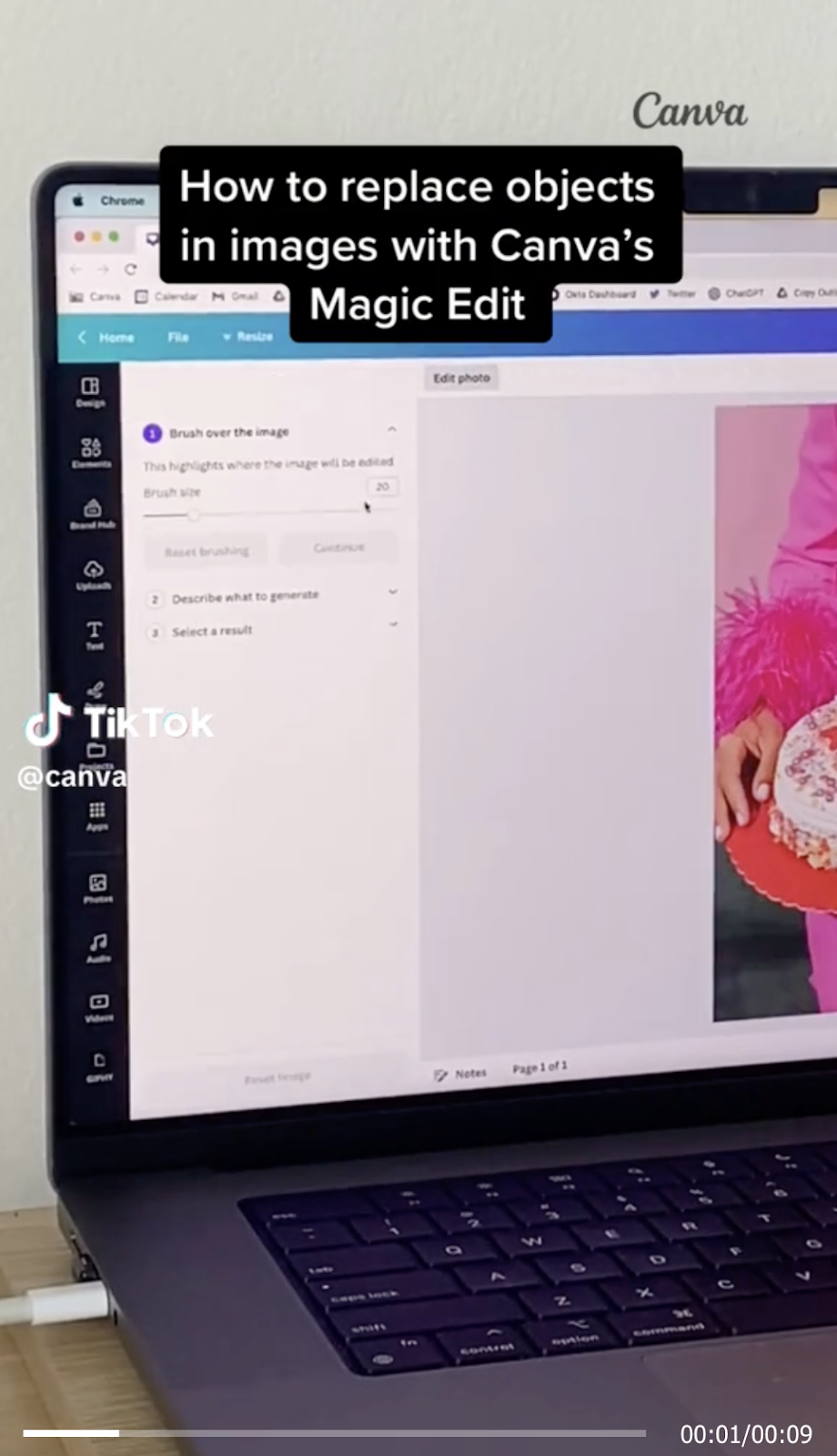 Canva’s TikTok video with on-screen caption: "How to replace objects in images with Magic Edit”