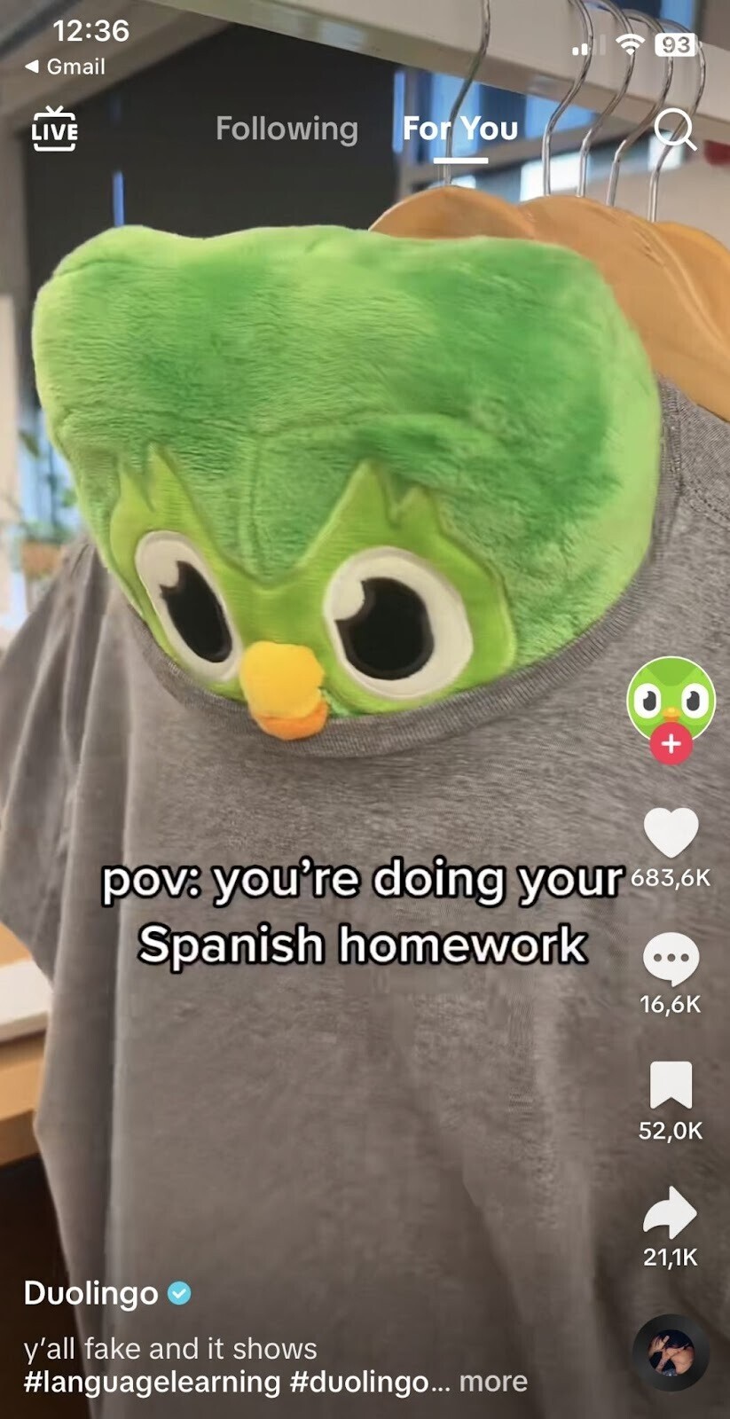 TikTok video by Duolingo with on-screen caption: "pov: you’re doing your Spanish homework"