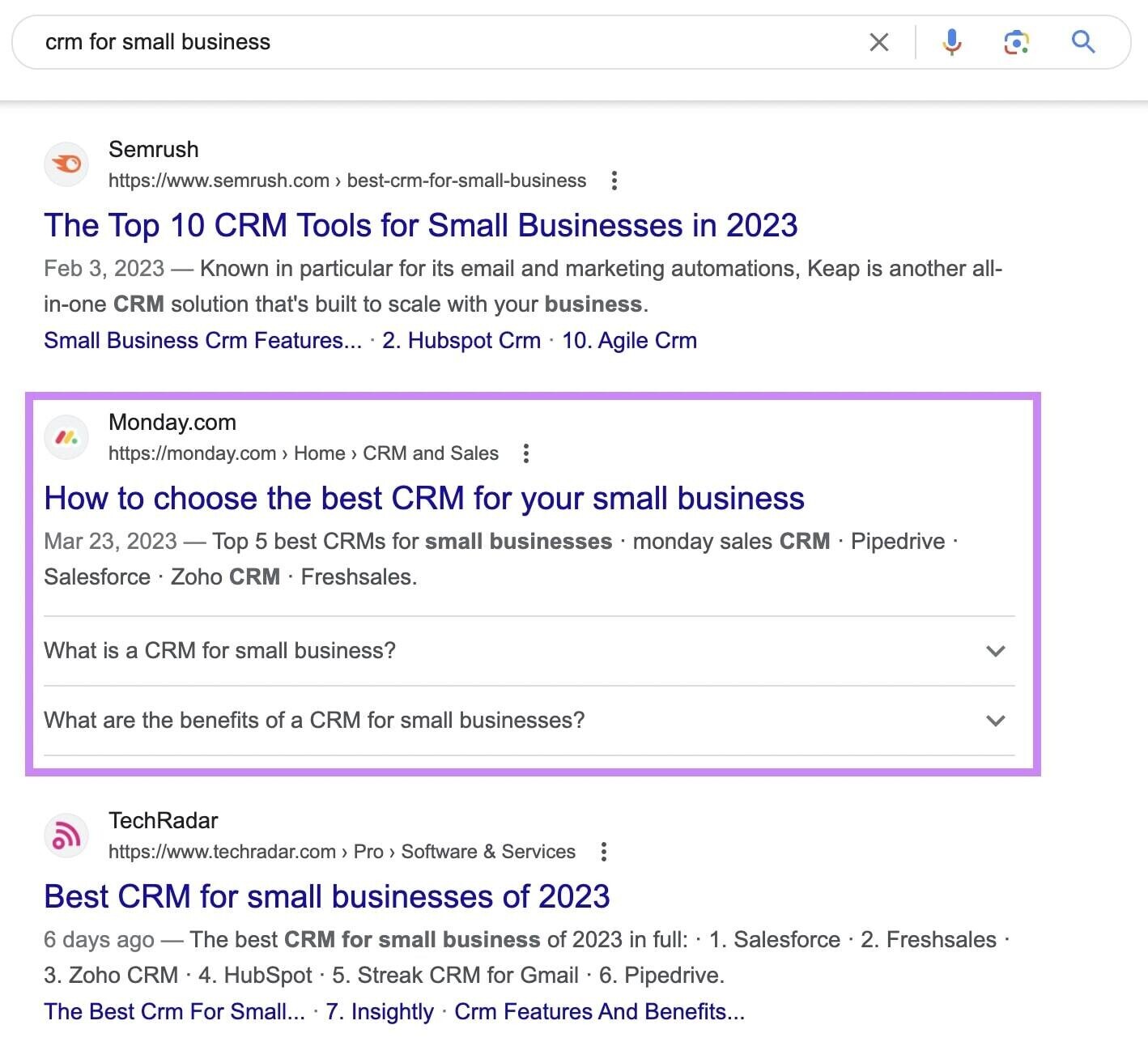 organic result from Monday.com for “CRM for small business” search