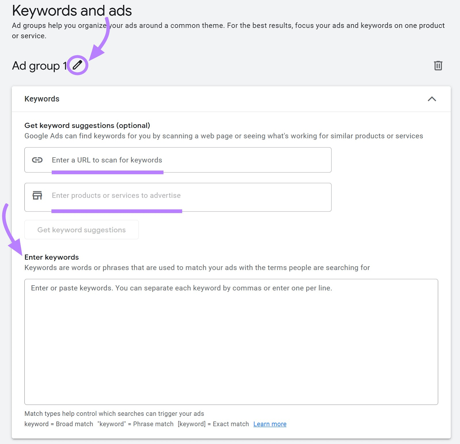 “Keywords and ads” section in Google Ads