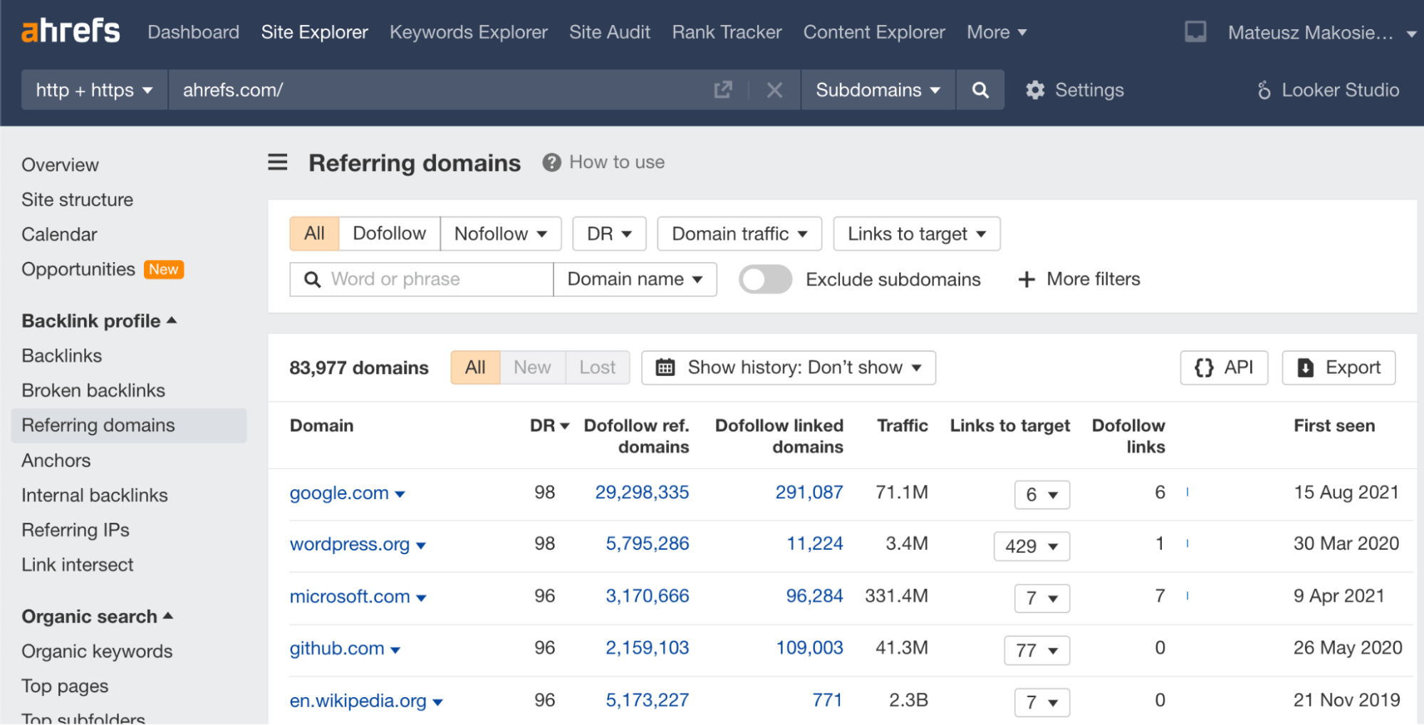 Referring domains report in Ahrefs Webmaster Tools
